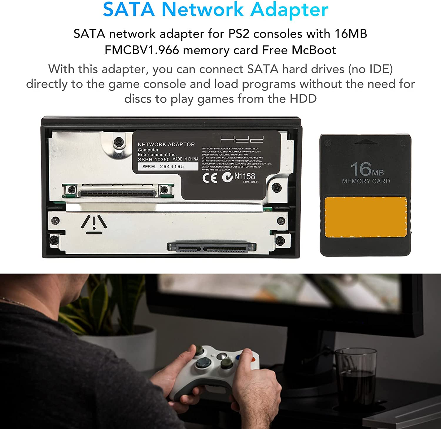 SATA Interface Network Adaptor HDD Hard Disk Adapter for , Support SATA 2.5 and 3.5, with 16MB FMCBV1.966 Memory Card Mcboot image number 3