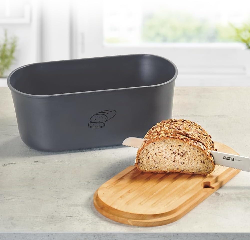 Kesper, 85093, Bread Box with Chopping Board, Melamine, Chopping Board, Beech Wood, Box 33.5 X 18 X Height 14 Cm, Board 34 X 18 Cm
