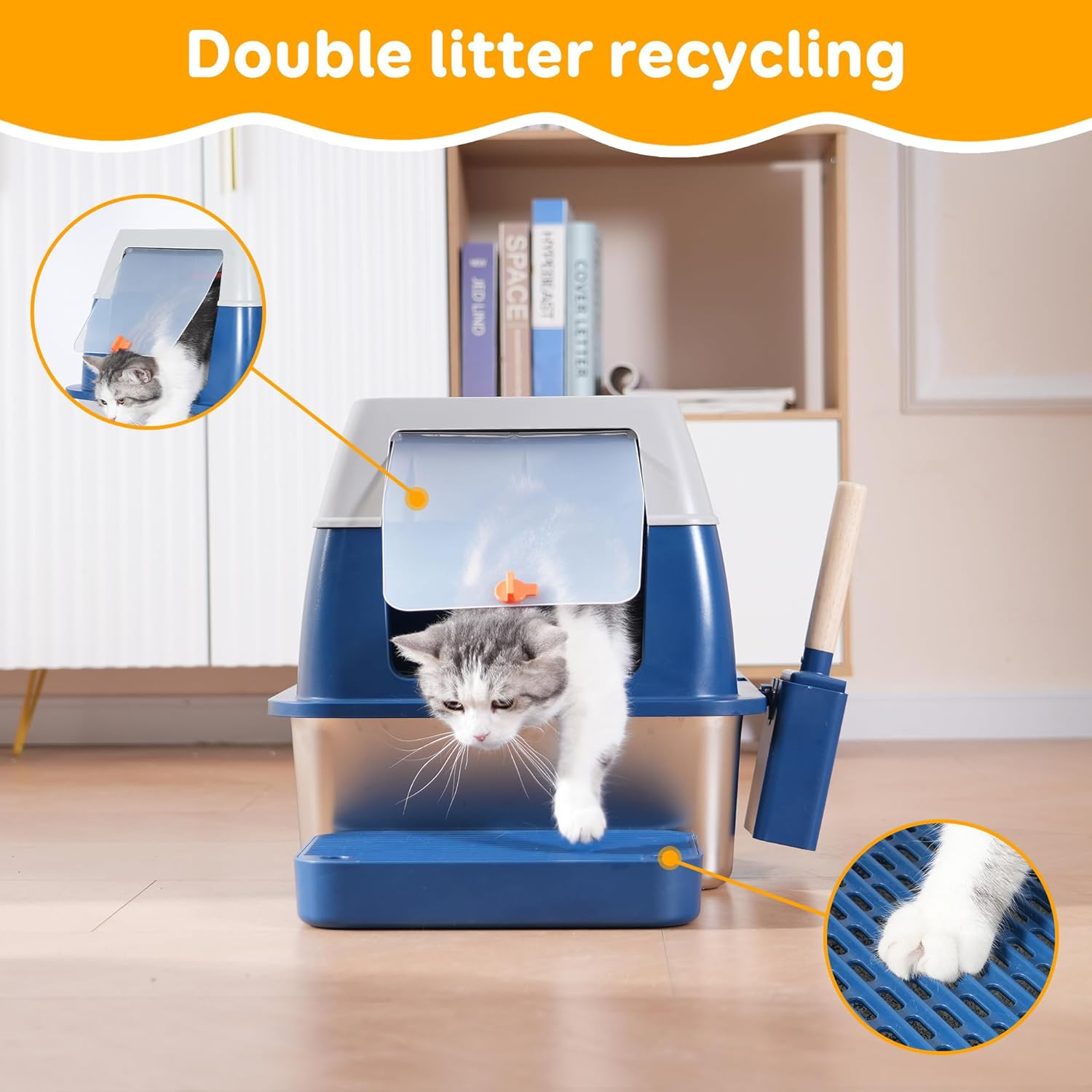 Enclosed Stainless Steel Litter Box with High Sides, Top Entry Jumbo Covered Metal Extra Large for Big Cats, Durable, anti Leakage, Odorless, Non-Sticky - Silver 2Pcs image number 4