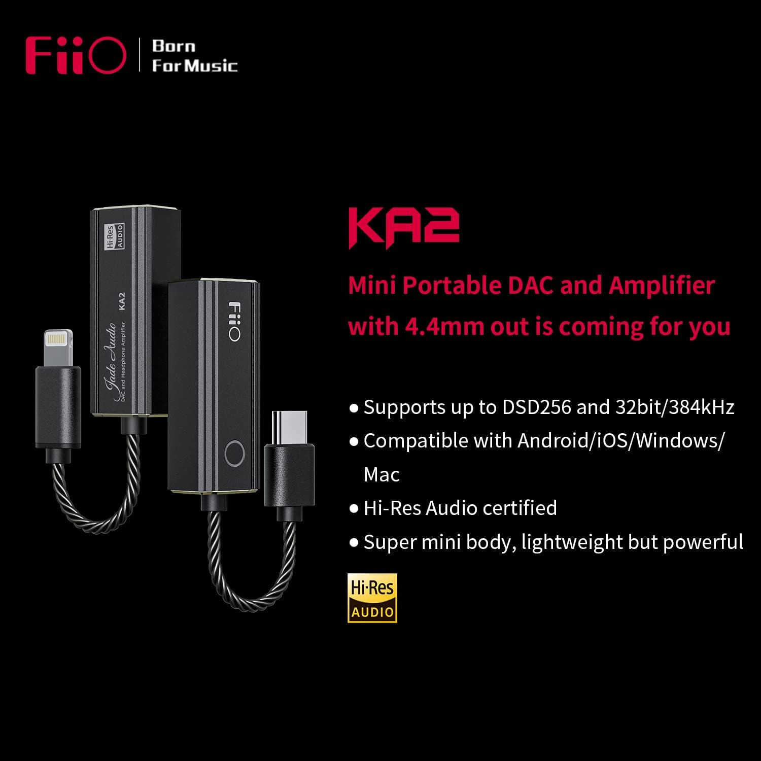 Fiio Jadeaudio KA2 Headphone Amps Tiny Amplifier USB DAC High Resolution Lossless Sound for Smartphone/Pc/Laptop/Tablet (USB Type C) image number 4