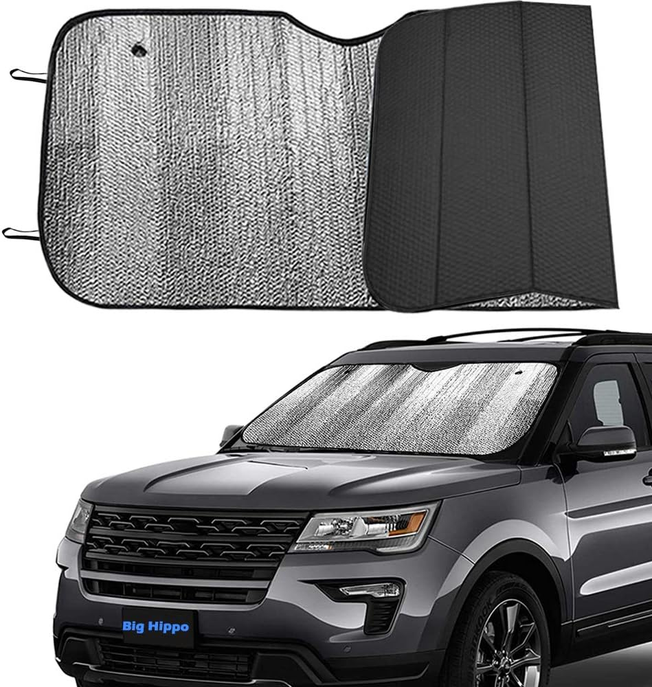 Big Hippo Front Car Sun Shade Windshield, Jumbo/Standard Sunshade Keeps Vehicle Cool UV Ray Sun Visor Protector Sunshades - Easy to Use Folding Sun Shade - Silver/Black Sides(Size: 55.16 X 27.5Inch) image number 3