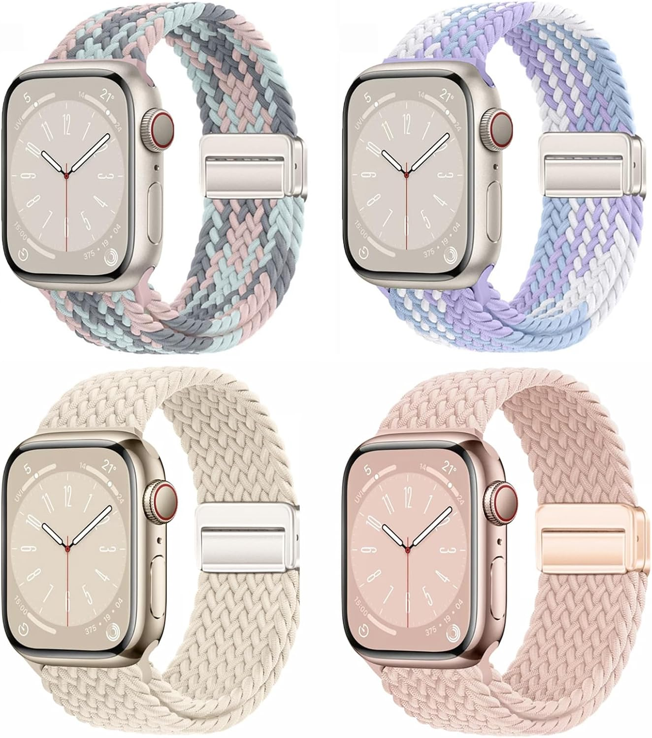 4 Pack Braided Stretchy Band with Magnetic Clasp Compatible with Apple Watch Bands 38Mm 40Mm 41Mm 42Mm 44Mm 45Mm 46Mm 49Mm Women Men,Elastic Nylon Sport Solo Loop for Iwatch Series 10 9 8 7 6 5 4 3 Ultra SE