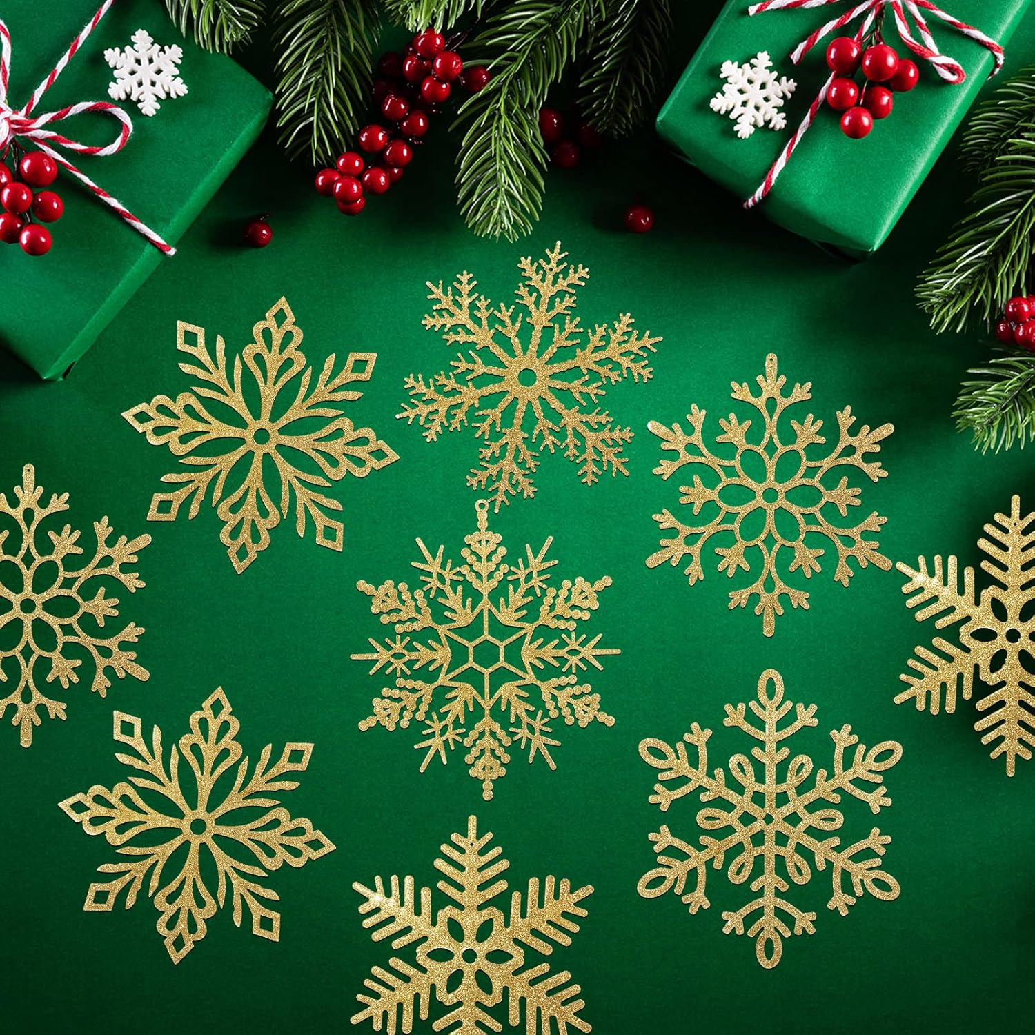 Sratte 12 Pack Large Glitter Snowflakes Ornaments 12" Plastic Giant Winter Christmas Hanging Decor Oversized Snowflakes Ornaments for Indoor Outdoor (Gold) - Gold image number 6