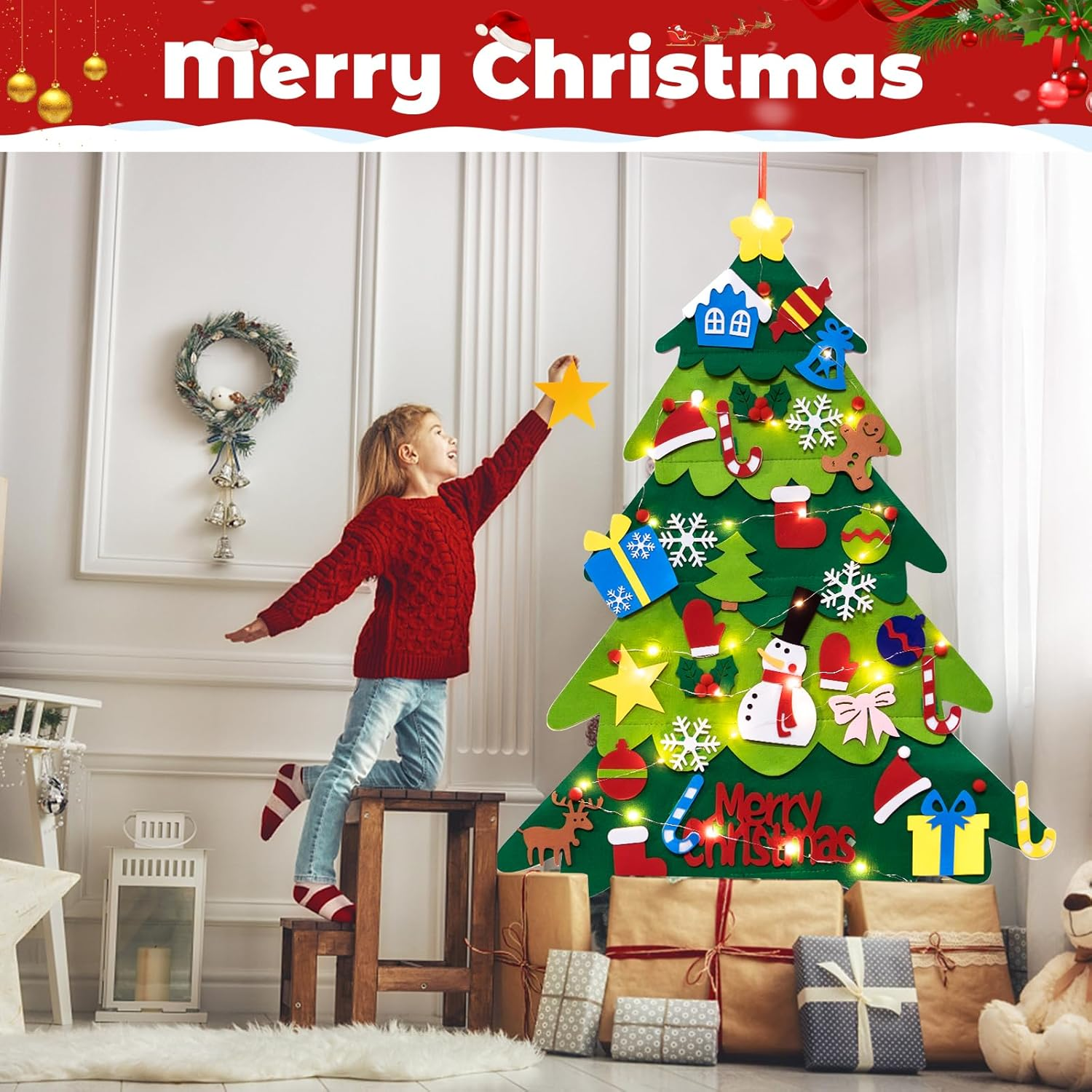 Felt Christmas Tree Set for Toddlers Kids with 3M/9.8Ft Led String Light, 3.2Ft/98Cm Wall Hanging DIY Christmas Tree with 32 Detachable Ornaments for Xmas Home Decoration image number 3