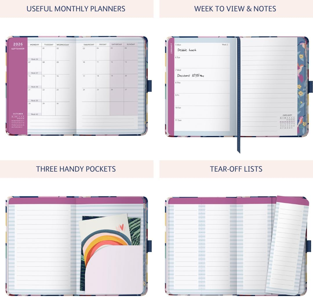 Busy B - A6 Weekly Planner 2026 - Appointment Calendar with To-Do Lists & Note Pages - Compact Diary with Colourful Floral Pattern - Week to View, 3 Pockets & Year Planner - Colourful Flowers image number 6