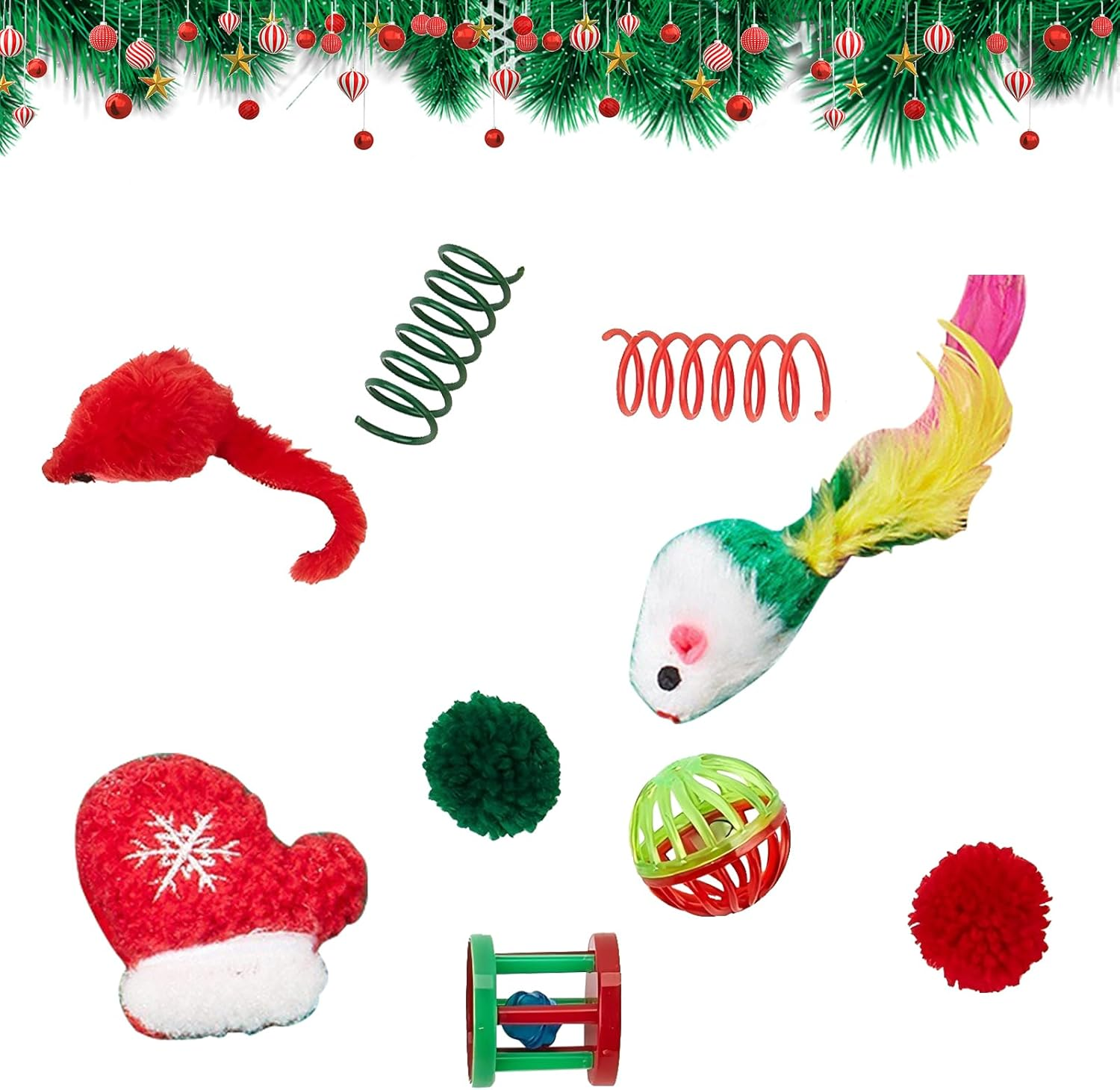 Christmas Cat Toys Set 9 Pcs Cat Interactive Toys for Indoor Including Mice Toy Bells for Cat Cats Catnip Feather Teaser Ball Toys Springs and Christmas Gloves Toys Gift for Cat and Puppy Kitty image number 2