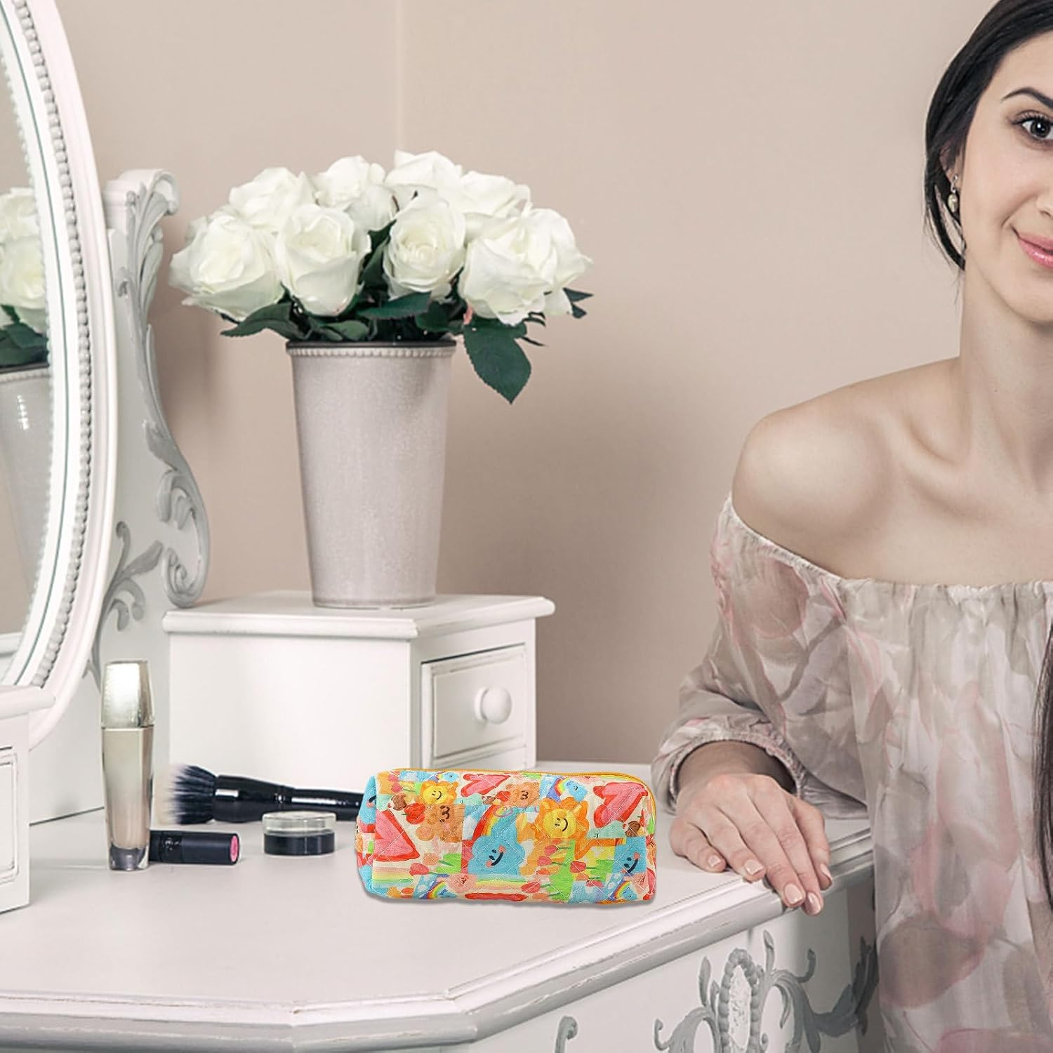 Flower Makeup Bag - 3 Quilted Cosmetic Pouches, Toiletry Tote, Travel Aesthetic Floral Pouch image number 5