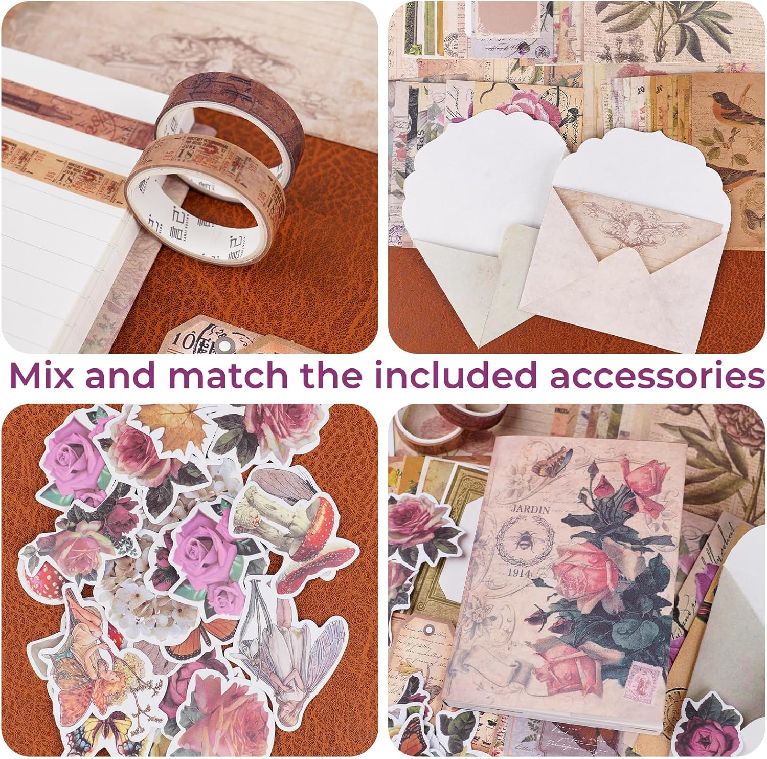 Funto Scrapbooking Kit (202 PCS), Vintage Collection-Rose Angel, Perfect for Bullet Scrapbooking Materials, Planner DIY Arts Craft Collage image number 3