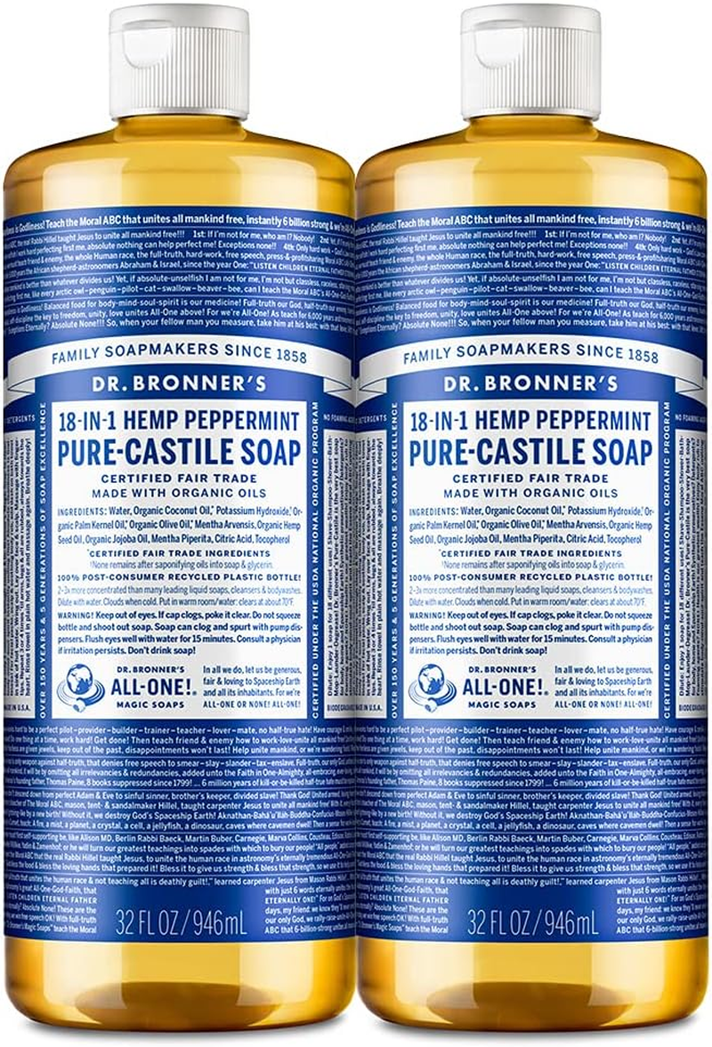 Dr. Bronner'S - Pure-Castile Liquid Soap (Peppermint, 32 Ounce, 2-Pack) - Made with Organic Oils, 18-In-1 Uses: Face, Body, Hair, Laundry, Pets and Dishes, Concentrated, Vegan, Non-Gmo image number 6