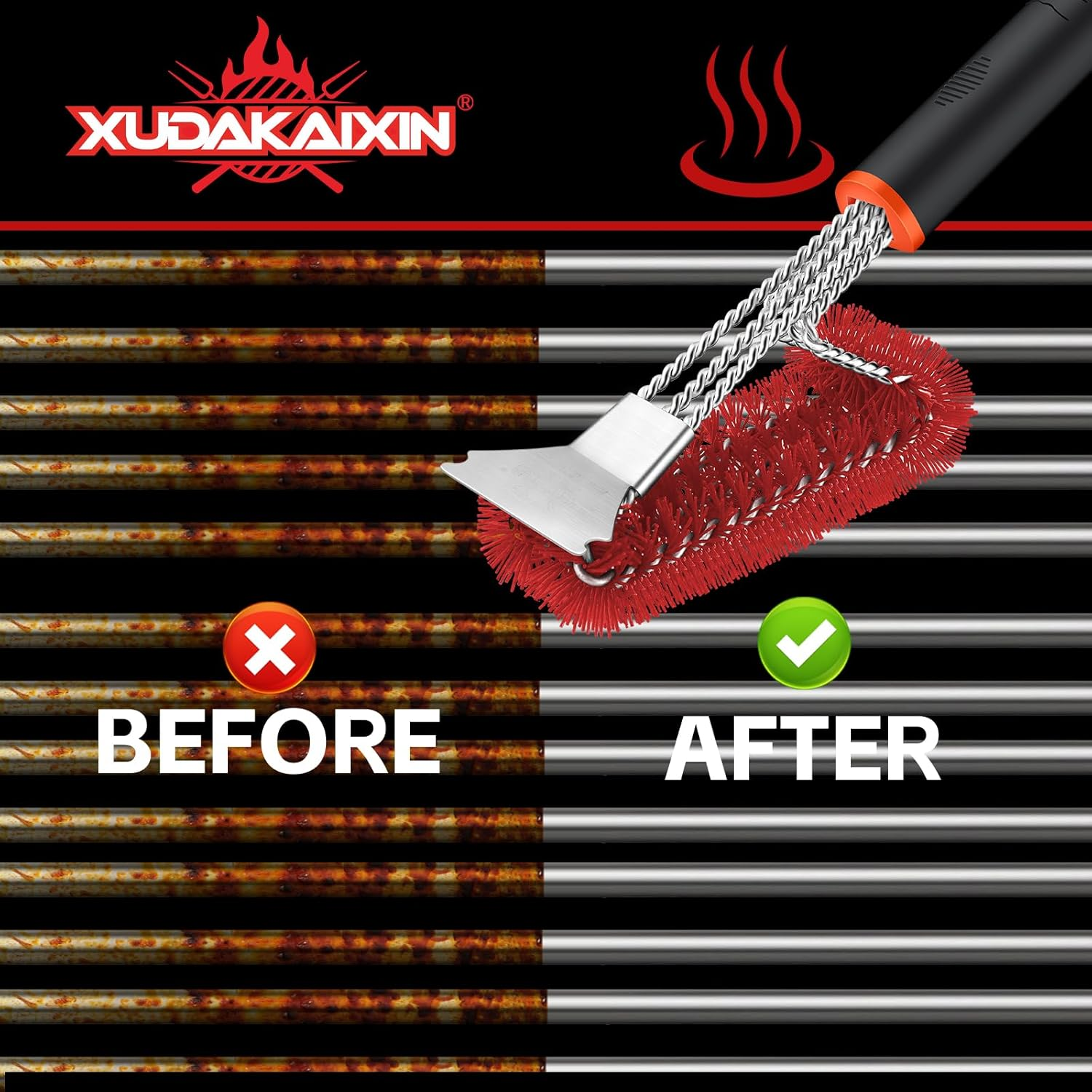 Grill Brush and Scraper, Safe Nylon Bristles Barbecue Triple Scrubbers Cleaning Brush for Cast Iron Grates/Porcelain/Weber Gas/Charcoal Grill，Extra Strong BBQ Cleaner Accessories (Red) - Black image number 4