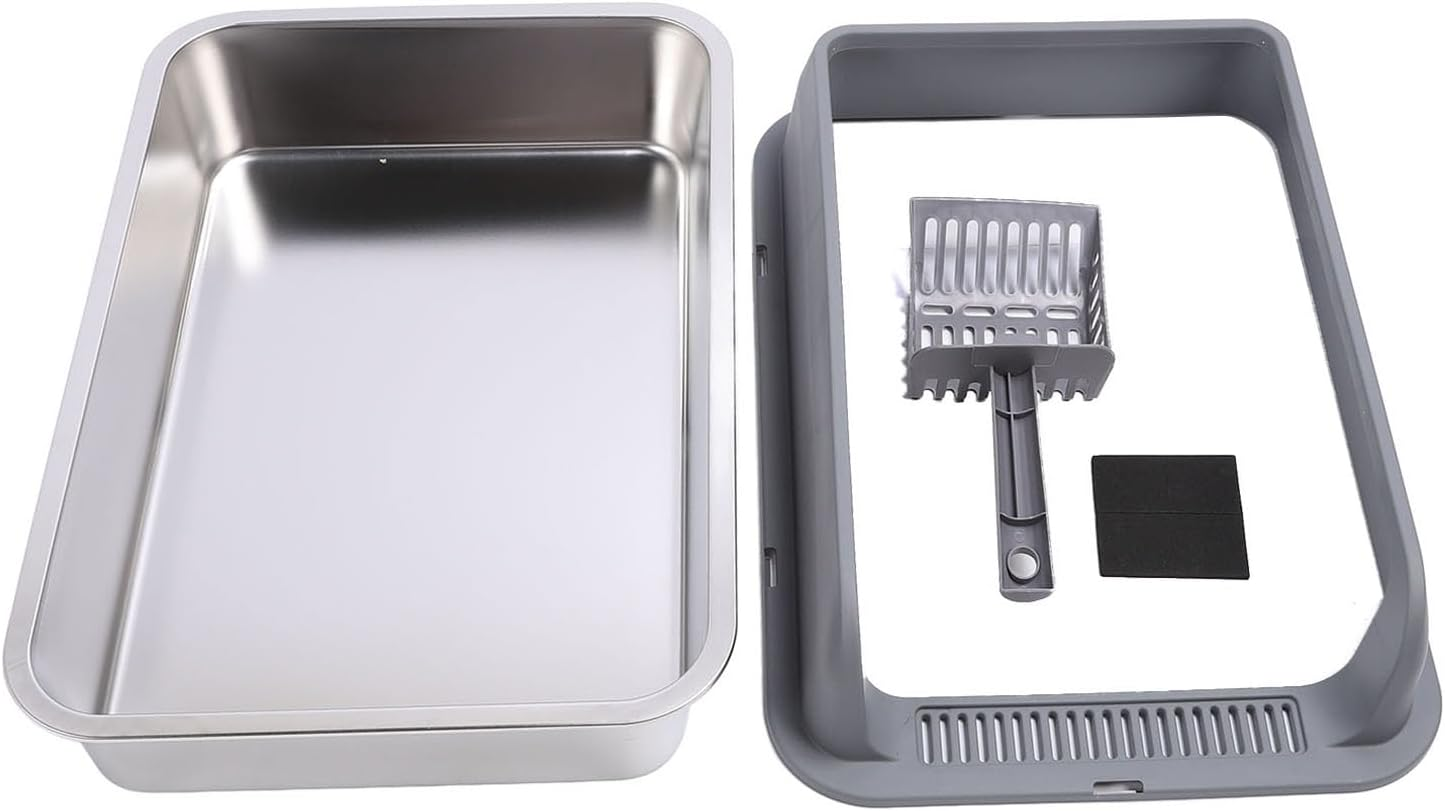 Stainless Steel Cat Litter Box, Semi Enclosed High Sided Large Kitty Litter Box anti Urine Leakage Easy Cleaning Non Sticky Covered Litter Box with Lids and Scoop for Big (Large) image number 1