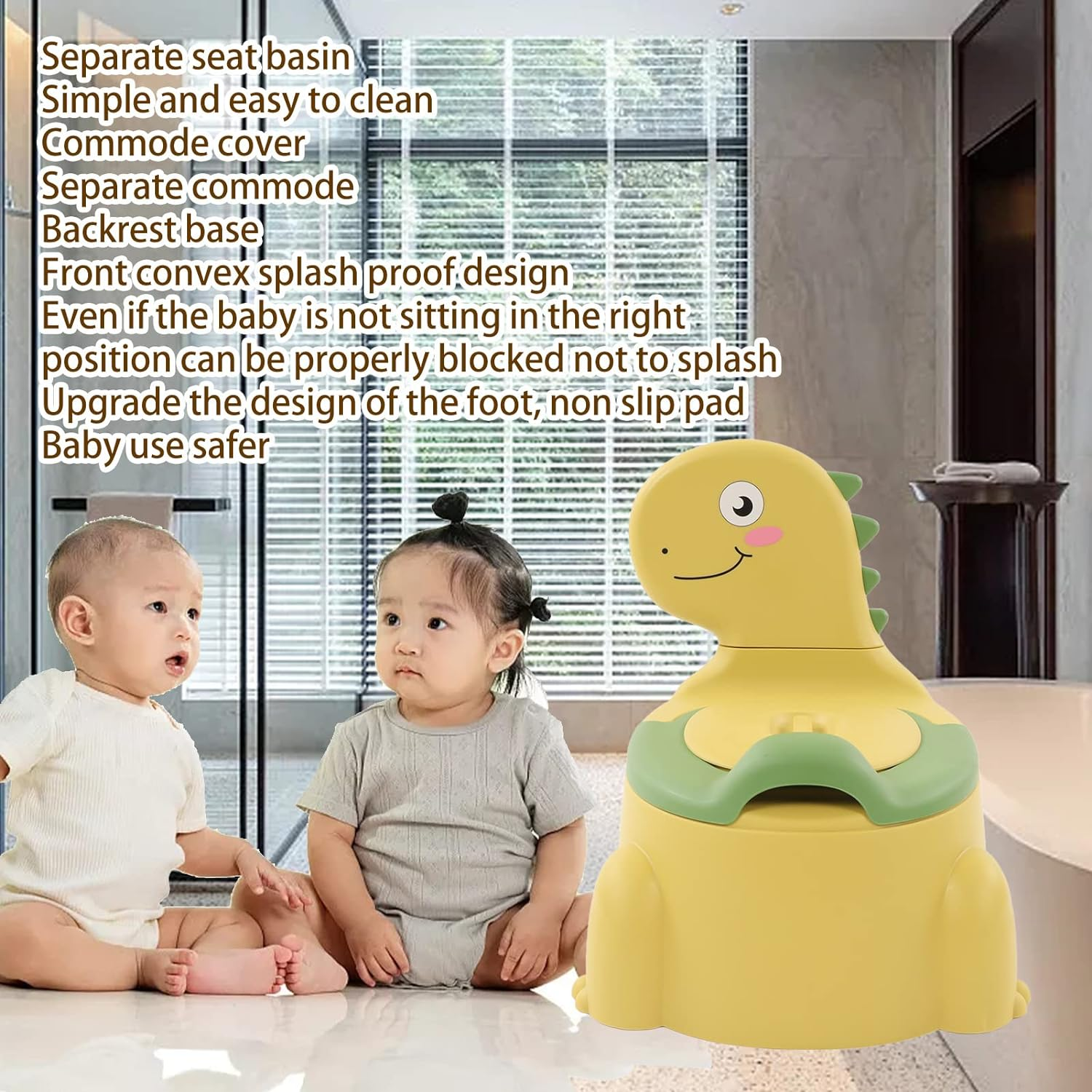 Potty Training Toilet, Non Slip Rubber Base Cartoon Dinosaur Potty Training Seat Thickened Plastic Ergonomic Design Portable Dinosaur Training Potty with Brush for Boys and Girls (Yellow) image number 2