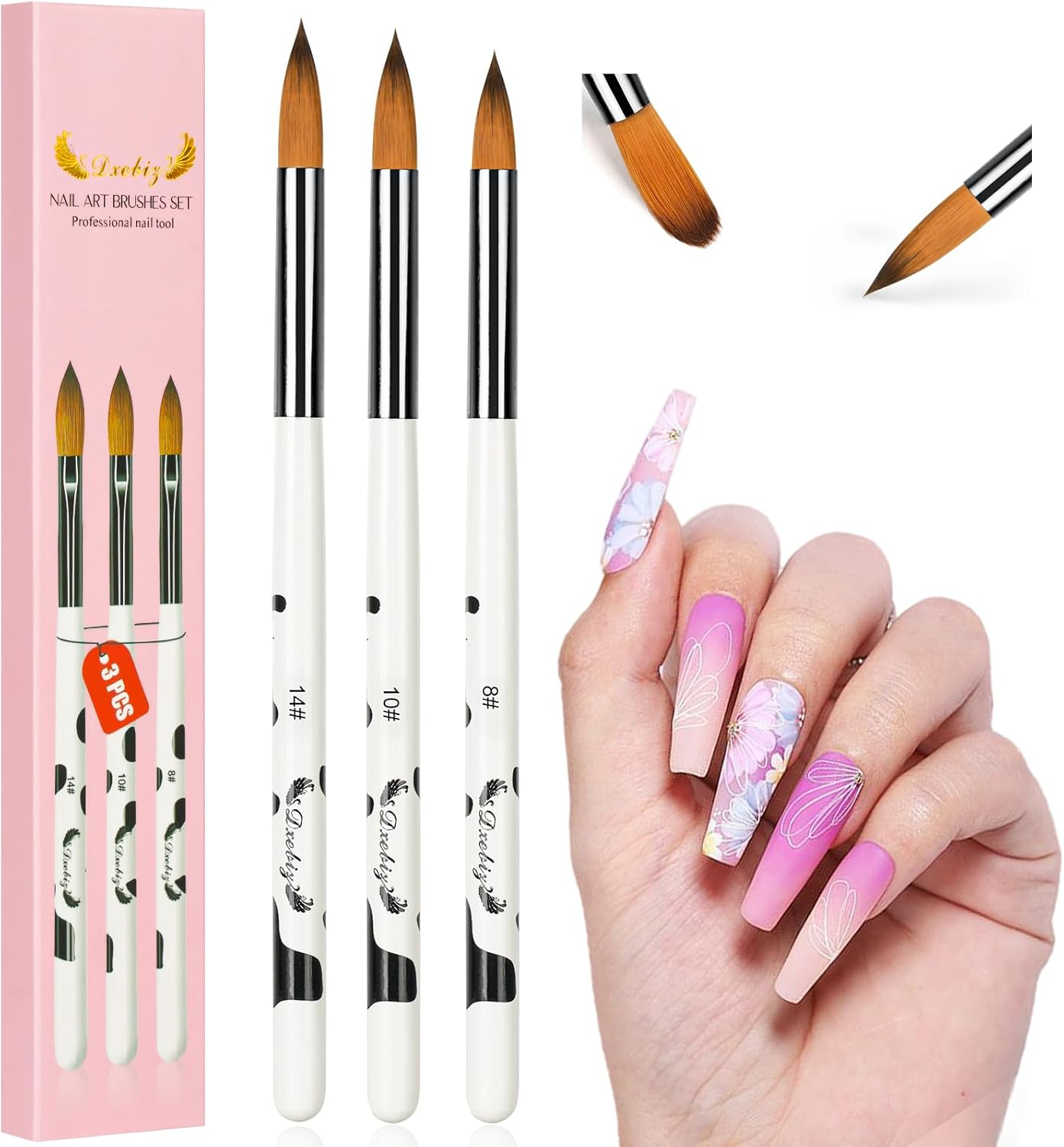 URAQT Brush Set for Nail Art, 3-Piece Acrylic Gel Nail Brush Set, Nail Brush, Acrylic Brush for Nails, Brush for Gel Nails, Brush Nail Design, Nail Art Dotting Nail Art Nail Pen for Painting (White)