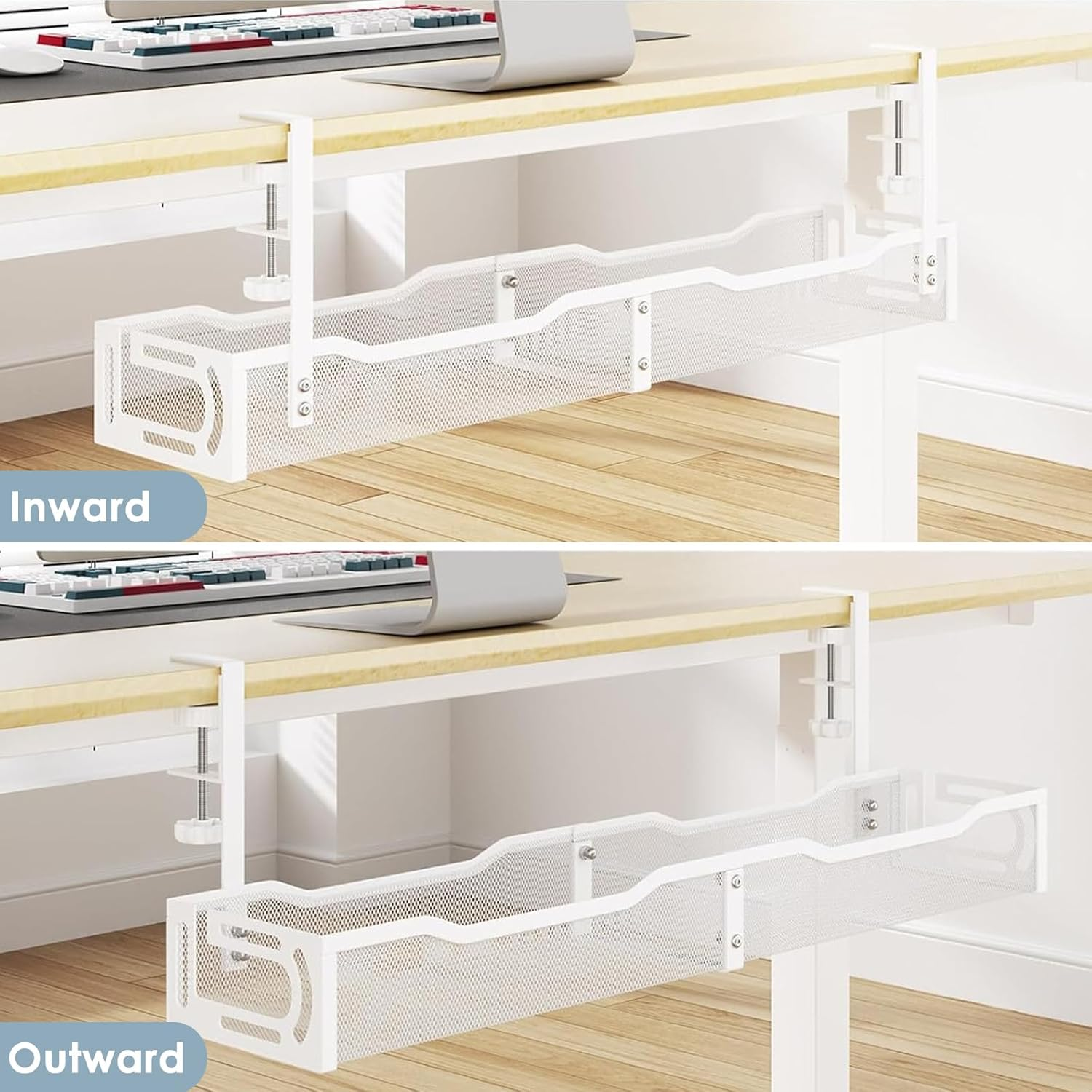 64CM under Desk Cable Management Tray, Cable Organizer, Cable Management Box, Cord Organizer for Desk, under Desk Storage for Office Home - No Drill to Desk Cable Raceway (White) image number 6