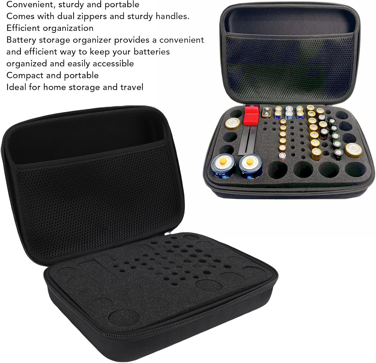 Battery Organizer Storage Box, Hard Carrying Case Holder with Pre Cut Sponge Compartments, Stores & Protects AA AAA C D 3V 9V Batteries and Tester