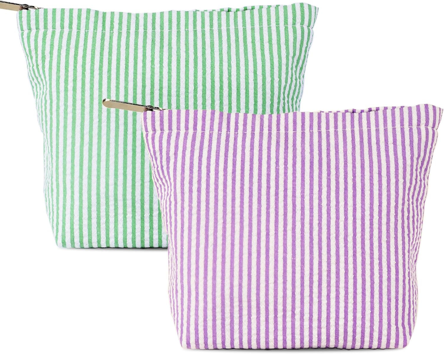 Reignsword 2 Pack Travel Cosmetic Bag, Fashion Stripes Makeup Bag Organizer, Portable Toiletry Bag Zipper Pouch for Women (Green & Purple) image number 4