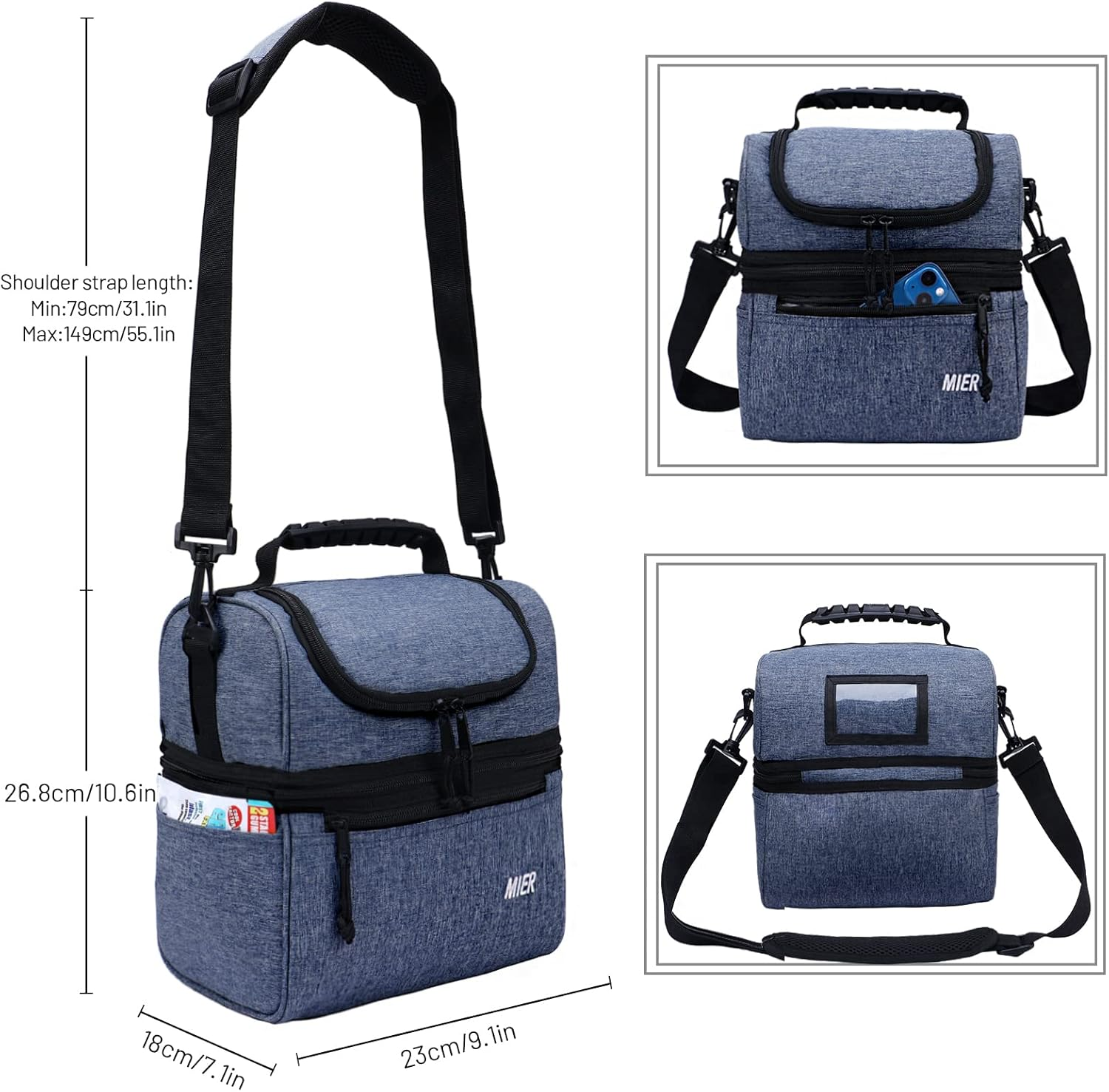 MIER Lunch Bag 2 Decks Cooler Bag Men Women Insulated Lunch Box Bag for Work Travel Picnic Daytrip, 11L, Blue image number 6