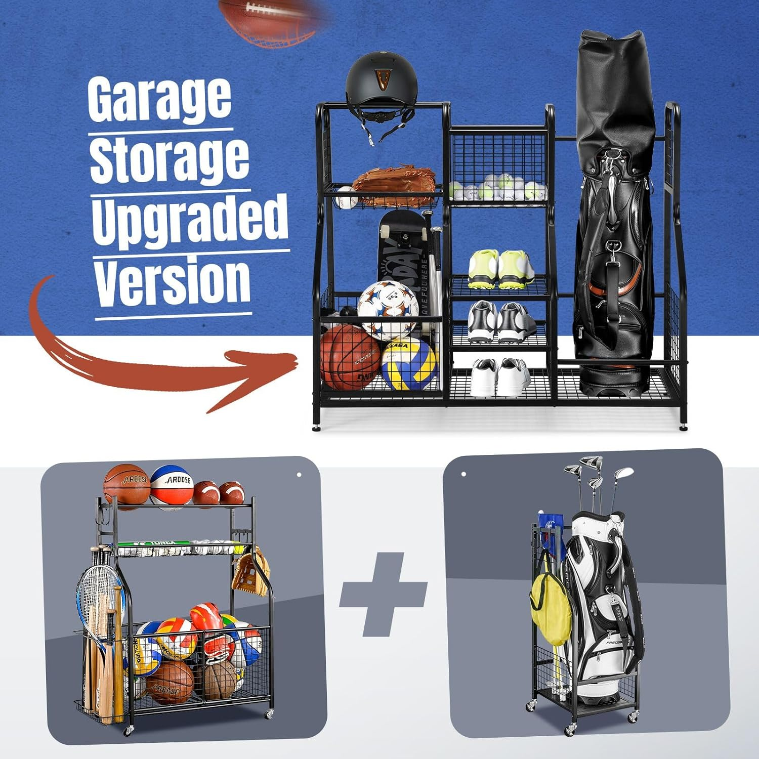 GENKI Large Golf Bag Ball Storage Rack Sports Gear Equipment Organiser for Basketball Football Home Gym Garage Shelves Holder Stand image number 1