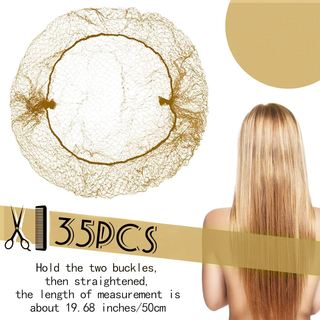 AORVYUI Pack of 35 Gold Hair Nets, Gold Hair Nets Bun Invisible Hair Nets, Invisible Elastic Edge Mesh, for Hair Nets Ballet, Hair Bun Making, 10 Gold-Coloured Metal Clips image number 4