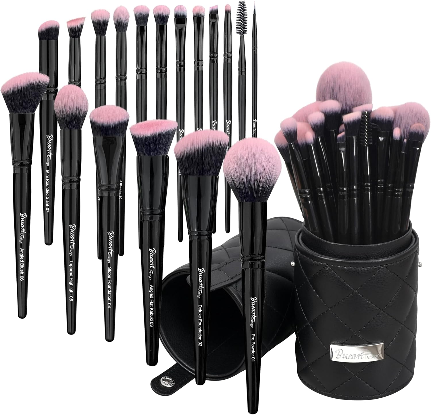 Bueart Design 18Pcs Pro Deluxe Fuchsia Pink Black Makeup Brushes Set with Travel Make up Brush Holder Case Foundation Concealer Contour Blush Eyeshadow Face Make up Brush Set image number 6