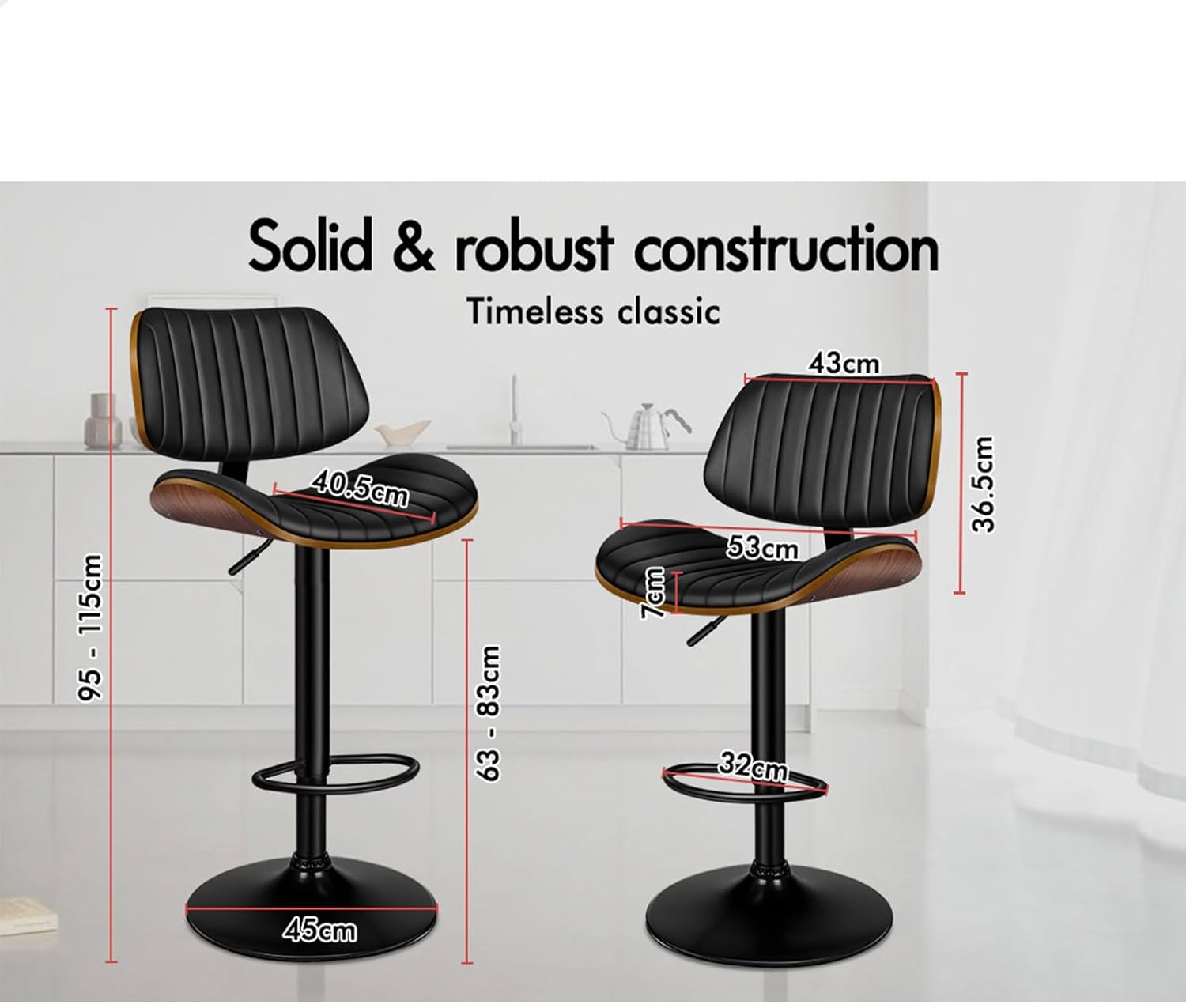 ALFORDSON Bar Stool, Adjustable Kitchen Stool, Swivel Counter Barstool, Wooden Dining Chair in 63-83Cm Seat Height with Anti-Slip Floor Protector for Home Bar Dining Room, Lizzy Black - 1Pc White image number 7