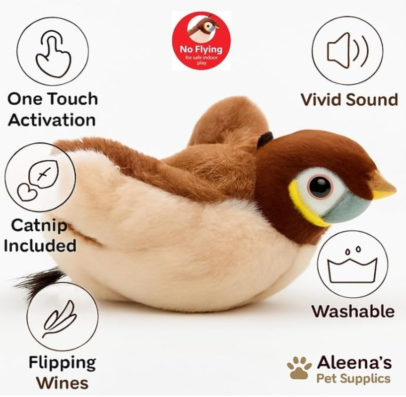 Aleena Enterprises LLC Flappy Flying Bird Cat Toy &ndash; Interactive Sparrow with Flapping & Chirping Sounds (NO Flying), Indoor Exercise Toy for Bored Cats (Sparrow Large) image number 3