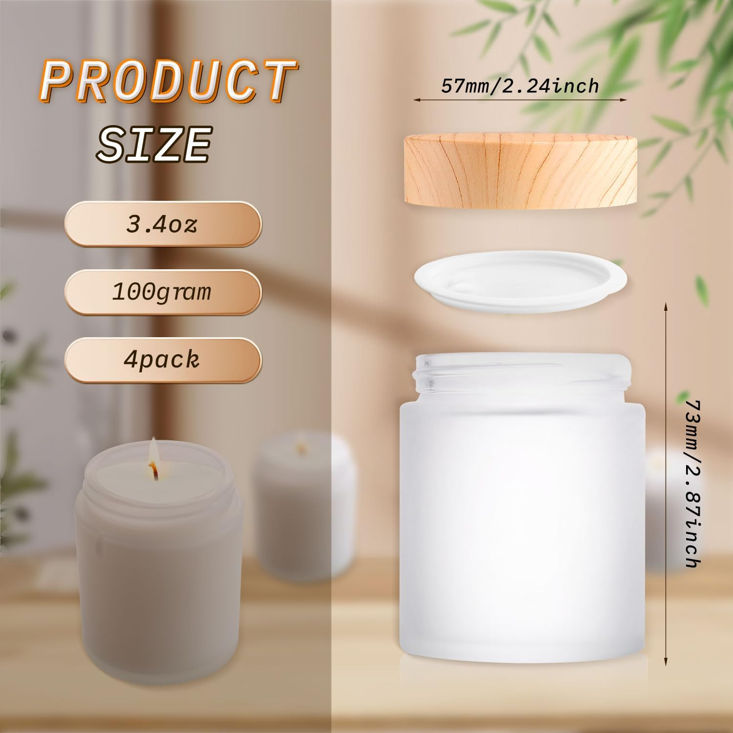 4 Pack 100G/3.4Oz Frosted Glass Cream Jars Refillable Cosmetic Containers Translucent Sample Jar Pot with Plastic Wood Grain Lids for Lotion Cream Eyeshadow Moisturiser Make Up image number 4