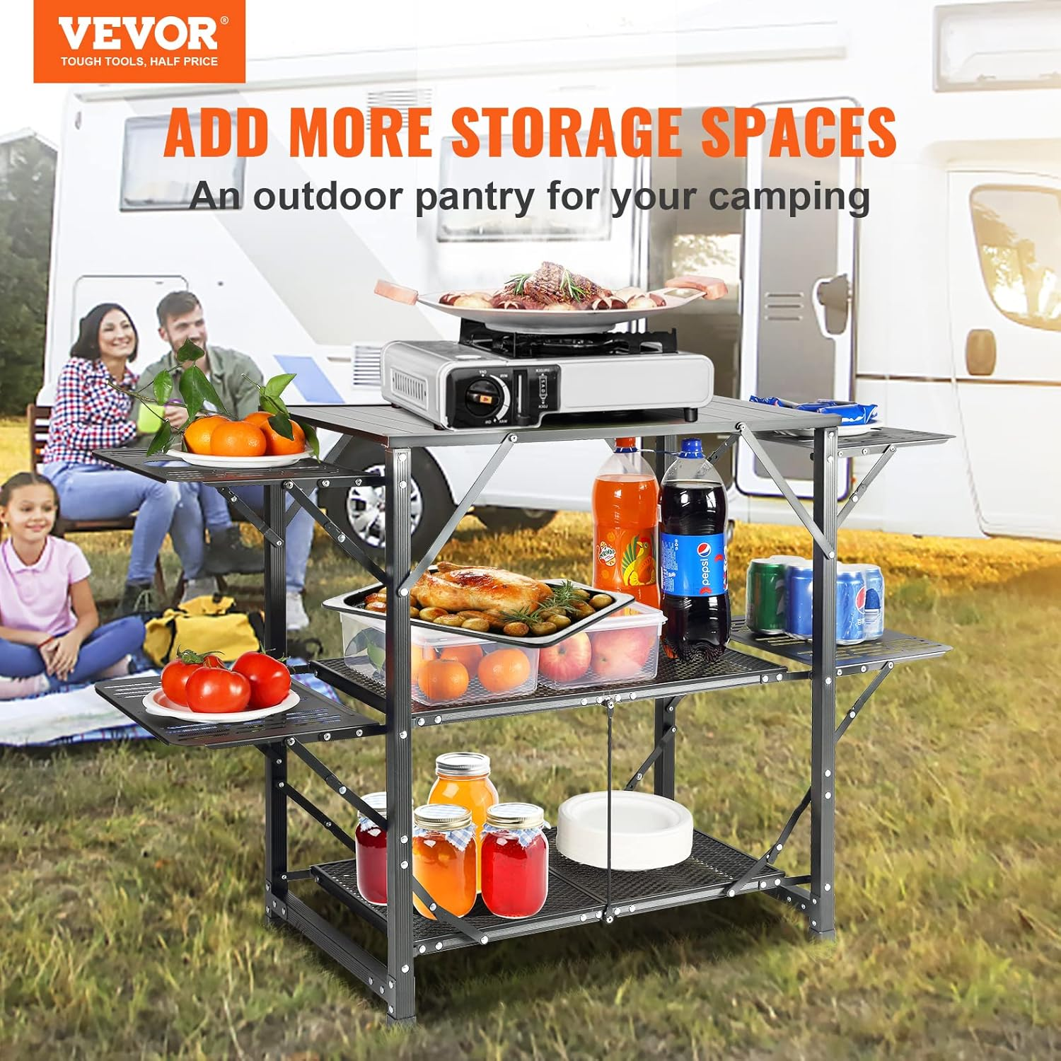 VEVOR Camping Kitchen Table, One-Piece Folding Portable Cook Station with a Carrying Bag, Aluminum Camping Table 4 Iron Side Tables & 2 Shelves, Ideal for Outdoor Picnics, Bbqs, Camping, RV Traveling image number 2