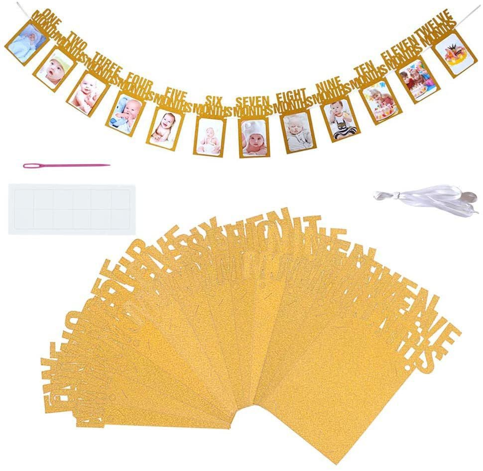 Birthday Photo Banner,1St Birthday Baby Photo Banner for Newborn to 12 Months,First Birthday Banner, Birthday Baby Photo Banner for Newborn to 12 Months for Baby First Birthday Party Decoration (Cowhide)