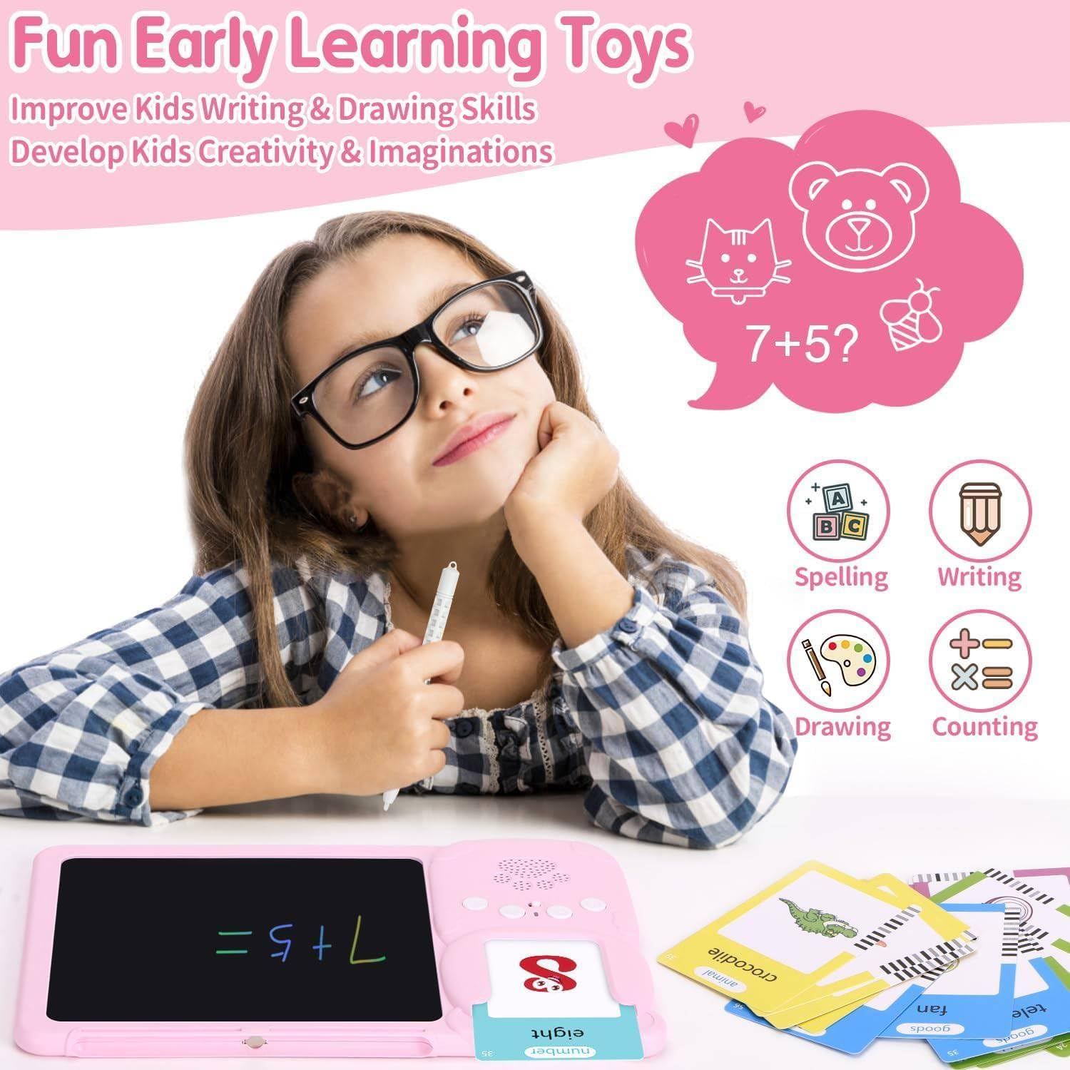 LCD Writing Tablet for Kids, 510 Sight Words Talking Flash Cards, Montessori Toys, Sensory Toys for Autistic Children, Preschool Kids Toys Age 3 4 5 Years Old Boys & Girls Xmars Birthday Gift Pink image number 1
