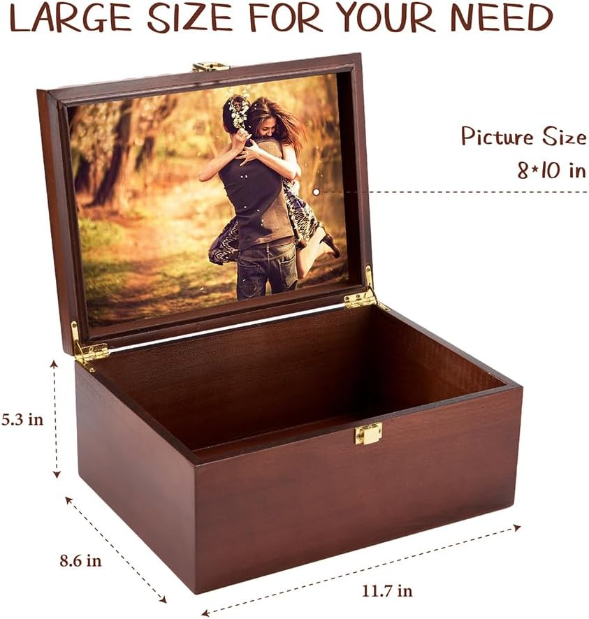 Larger Wooden Memory Keepsake Boxes with Hinged Lids and a Photo Frame inside the Lid - Decorative Storage Box with a Hinge Lids for Picture Letter Time Capsule - Wooden Gift Boxes，5.3&ldquo;*8.6&rdquo;*11.7&ldquo; image number 4