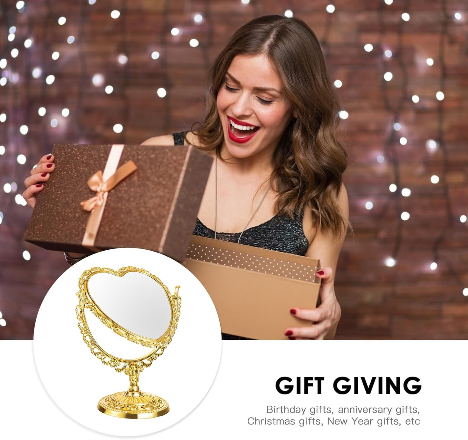 TEHAUX Vintage Heart-Shaped Desktop Makeup Mirror with Stand, Double-Sided Cosmetic Countertop Mirror in Gold, Suitable for Bathroom and Bedroom Vanity Use image number 1