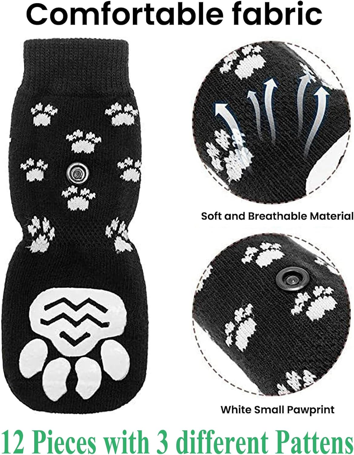 12 PCS Anti-Slip Paw Protectors Dog Socks, 3 Pairs Double Side Soft Non-Slip with Adjustable Straps, 3 Patterns Christmas Dog Socks, Traction Control Socks for Indoor Hardwood Floor Wear for Dogs (L) image number 2