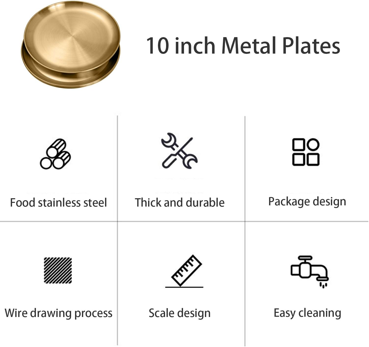 WANBY Stainless Steel Plates Gold Metal Dinner Plates Unbreakable Dinner Dishes Set for Kitchen Home Camping Outdoor Party BBQ (10Inch 4Pcs)
