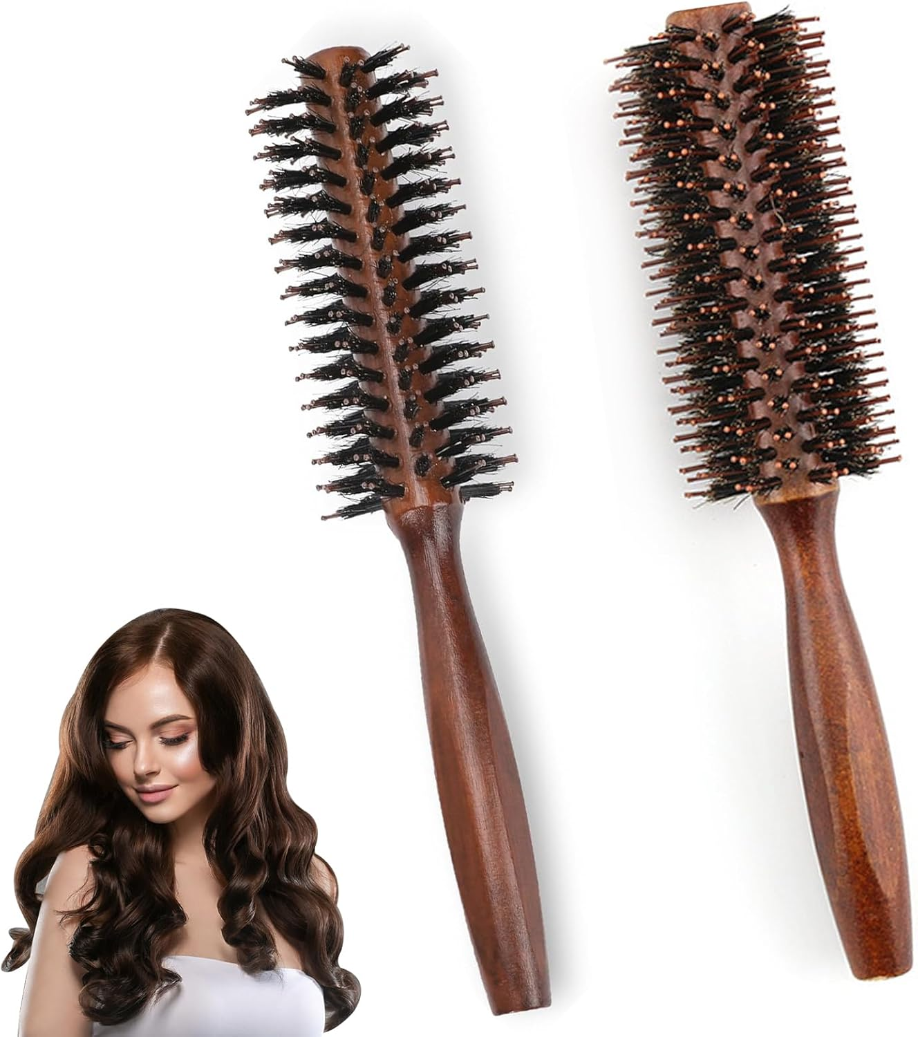 Kzvsiy 2 Pcs round Boar Bristle Hair Brush Set, Wooden Handle round Styling Brush, Boar Mane Bristle Brush for Hair and Beard, Sleek Brush for Men & Women, Perfect for Slicking and Grooming image number 1