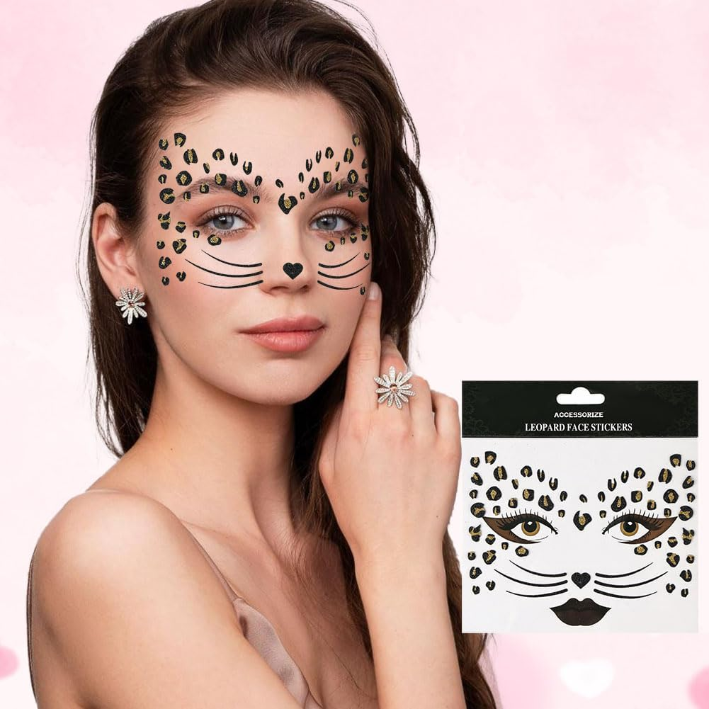 LOPHE Face Tattoo, 2 Sheets Glitter Face Tattoo Leopard 330 Pieces Glitter Stones Self-Adhesive, Glitter Face Tattoo Glitter Sticker Party Halloween Carnival - 6 Sheets Of Face Tattoo image number 5