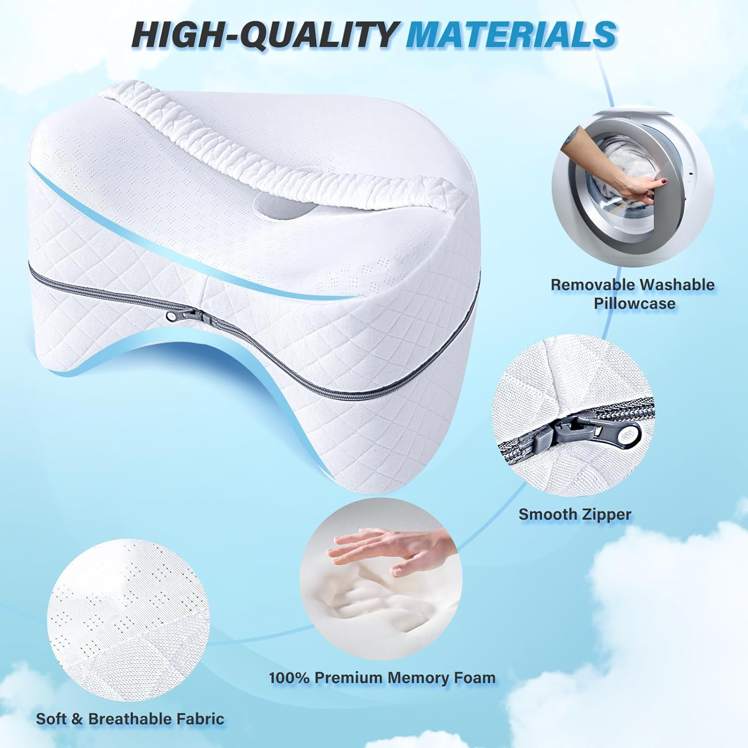 Knee Pillow, Soft Memory Foam Leg Pillows, Cool Ice Silk Hip Support Pillow for Side Sleeper, Body Pillow for Spine Alignment, Sciatica Relief, Post Injury Recovery - with Adjustable Strap (White) image number 4