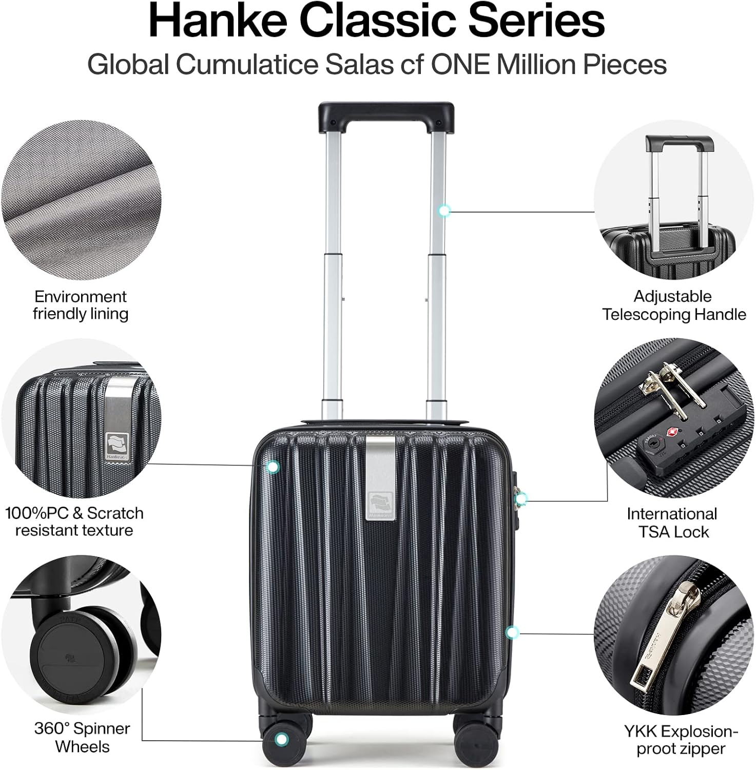 Hanke 14 Inch Underseat Carry on Luggage with Wheels Hard Shell Suitcases Carry on Bag Lightweight Small Mini Suitcase Luggage for Travel(Jet Black) image number 5