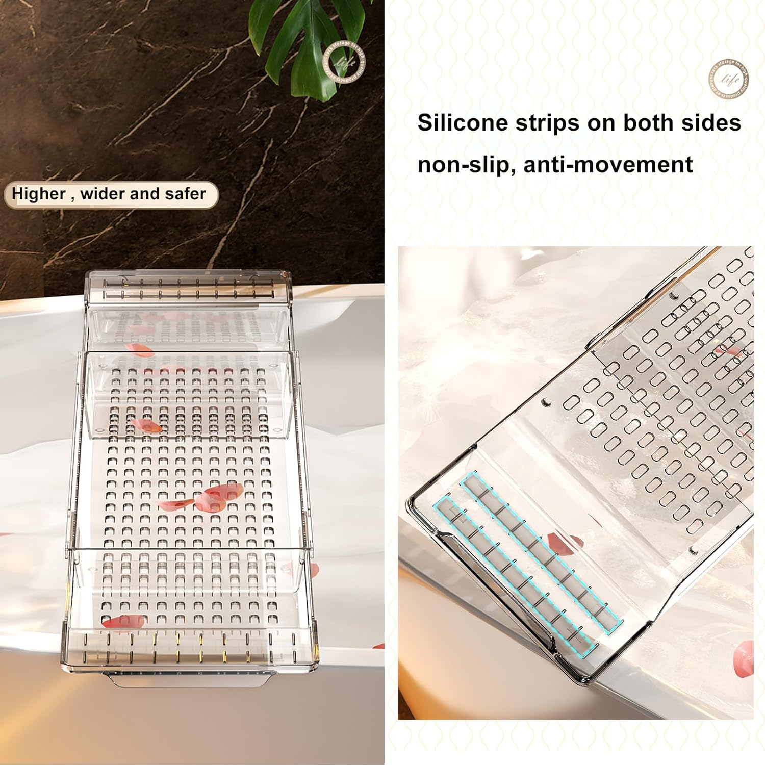 Bath Tray for Bathtub, Acrylic Caddy Table with Extending Sides, Adjustable Bathroom Free Soap Holder, over Tub Racks (Transparency) image number 4