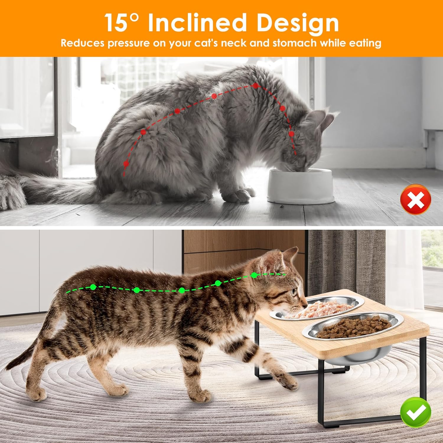 Elevated Cat Bowls Raised Cat Food Bowls 15 &deg;Tilted Pet Bowl Feeder Adjustable Dog Cat Water Bowls with 2 Stainless Steel Bowls for Dry Wet Protect Pet'S Spine, Whisker Stress Free anti Vomiting image number 1