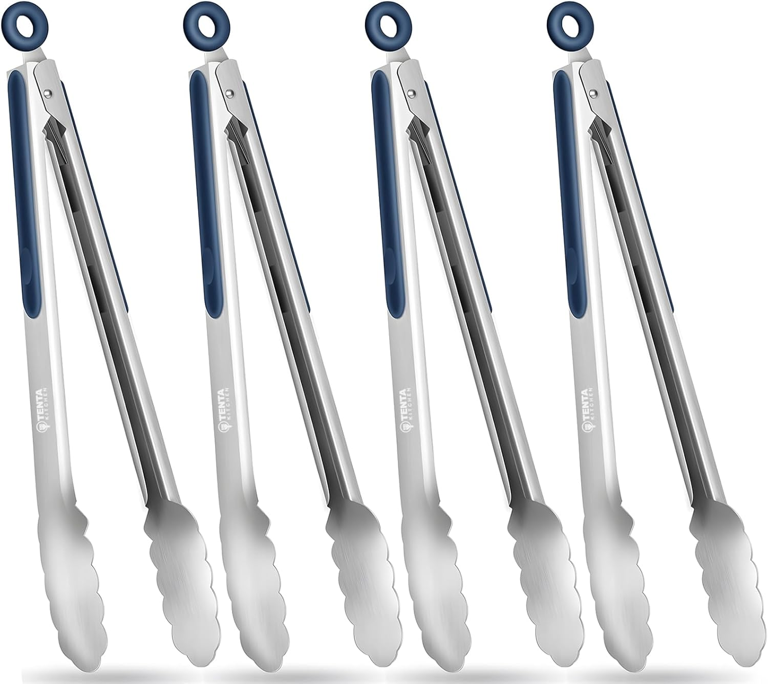 Tongs for Cooking, 12-Inch Stainless Steel Kitchen Tongs, Locking Metal Food Tongs with Silicone Non-Slip Grip, Kitchen Utensils Tongs for Food, Salad and Outdoor BBQ (Set of 4)