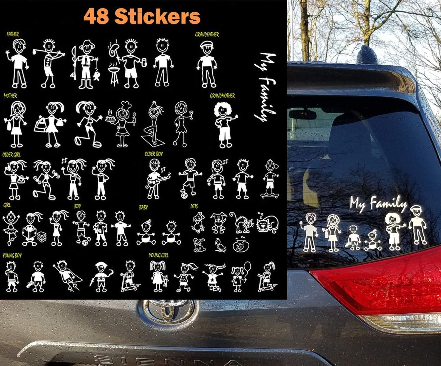 TOTOMO 48 Stick Figure My Family Car Stickers with Pet Dog Cat Fish Rabbit Bird Family Car Decal Sticker for Windows Bumper image number 2