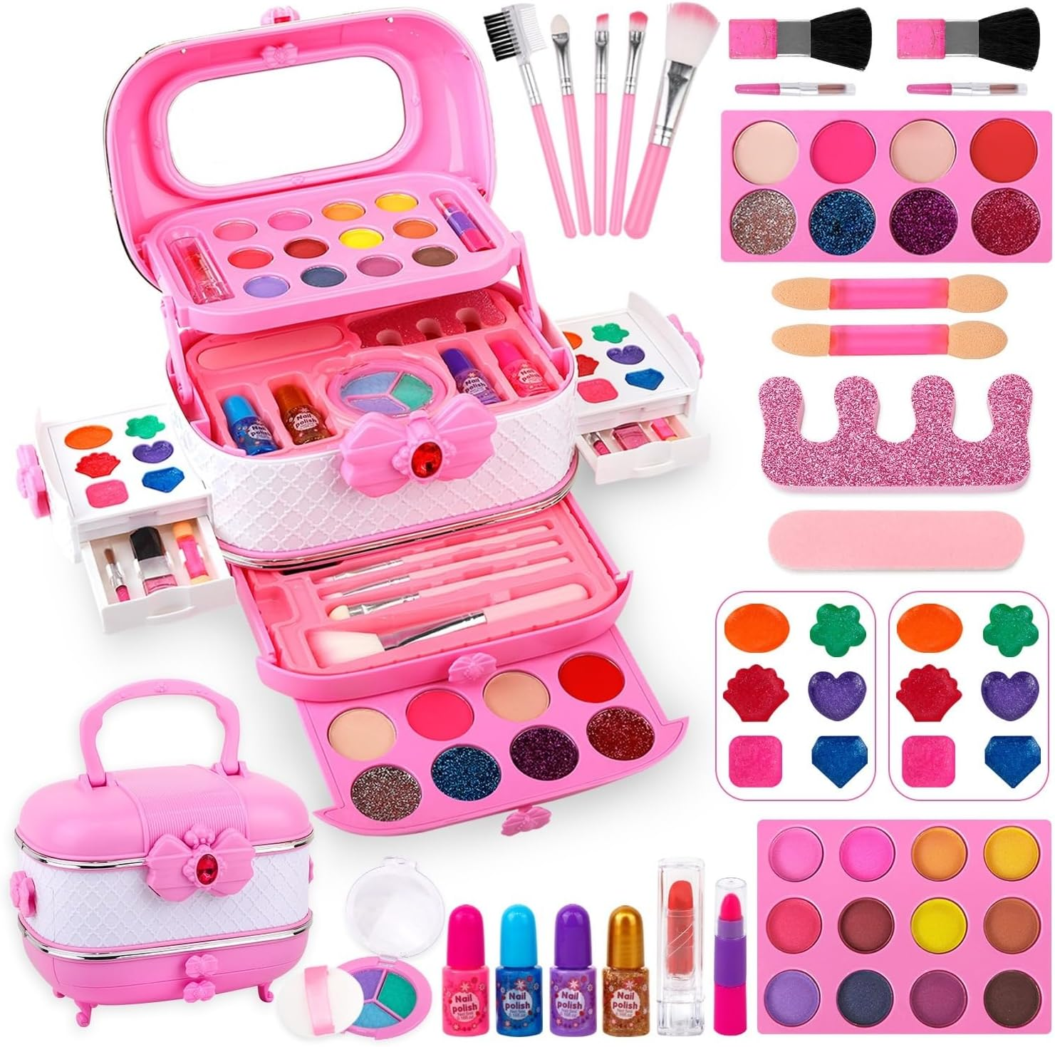 58Pcs Kids Makeup Kit for Girl，Play Real Makeup Girls Toys,Washable Make up for Little Girls,Non Toxic Toddlers Cosmetic for Children Age 3-12 Years Old (Pink) image number 3