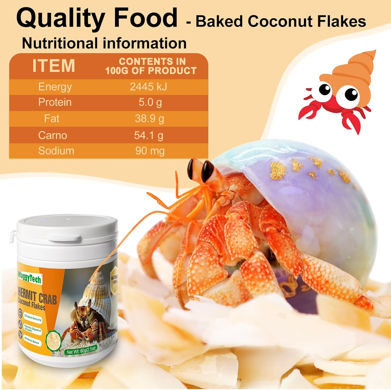 Hermit Crab Food - Baked Coconut Treat, Natural Dried Coconut for Crab Healthy & Additive Free, Easily Digestible Hermit Food Hermit - Ideal Crab Pet Snacks, Crispy & Delicious | 60G (Large) image number 4