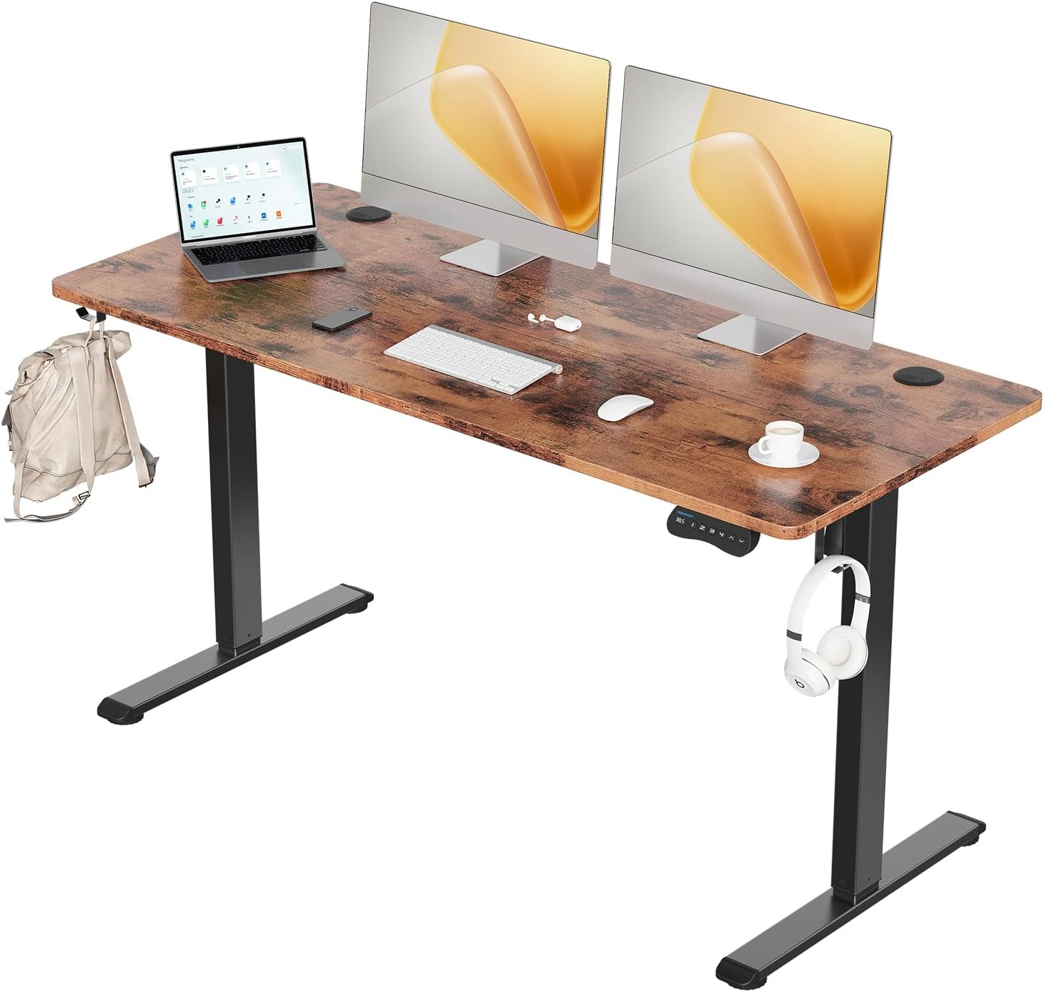 MOUNTUP Electric Standing Desk 140X60Cm (55X24) Height Adjustable, Sit Stand Desk with Memory Controller, Ergonomic Stand up Table for Home Office with Splice Board, Rustic Brown