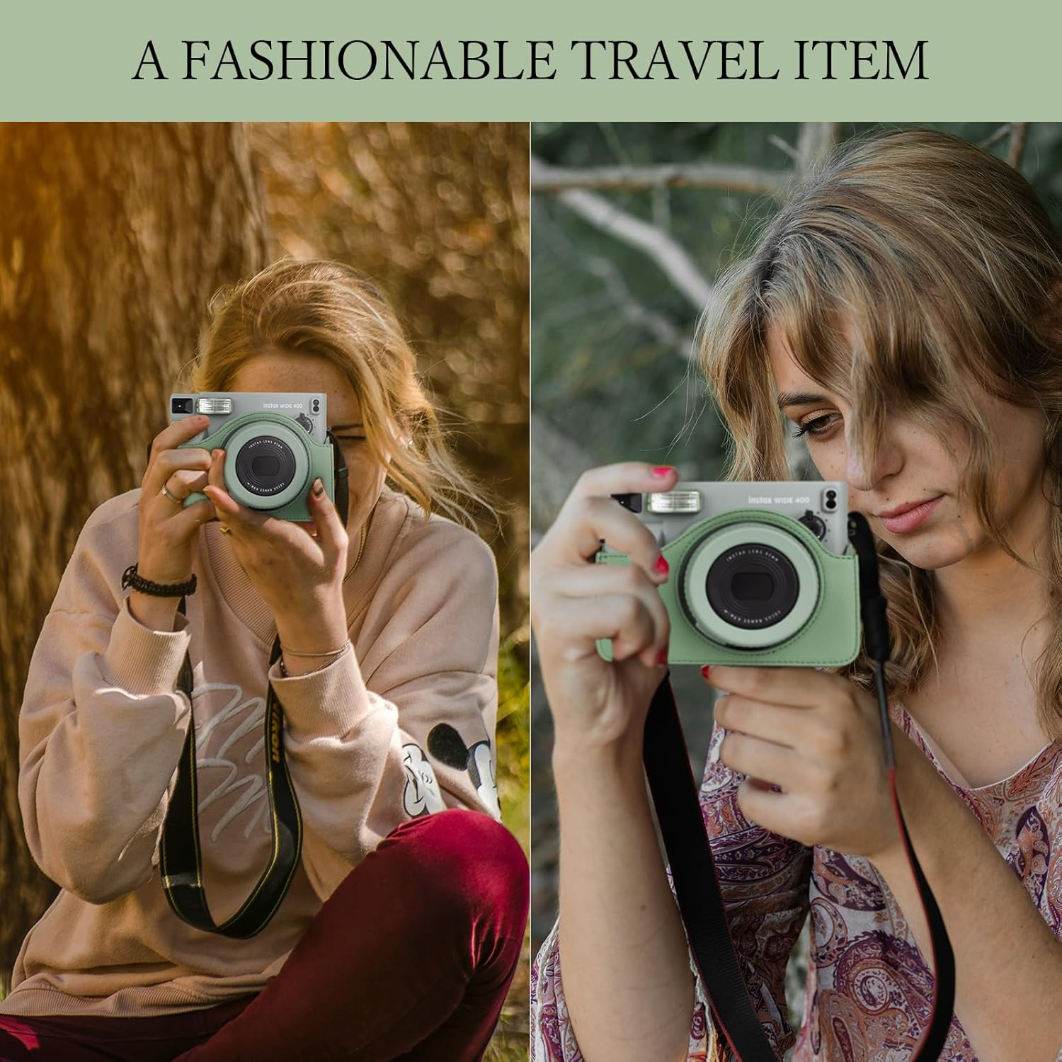 Rieibi Camera Case Compatible with Instax Wide 400，Carrying Case for Fujifilm Instax Wide 400 Instant Camera，Retro PU Leather Camera Bag，Protective Case with Shoulder Strap - Green image number 4