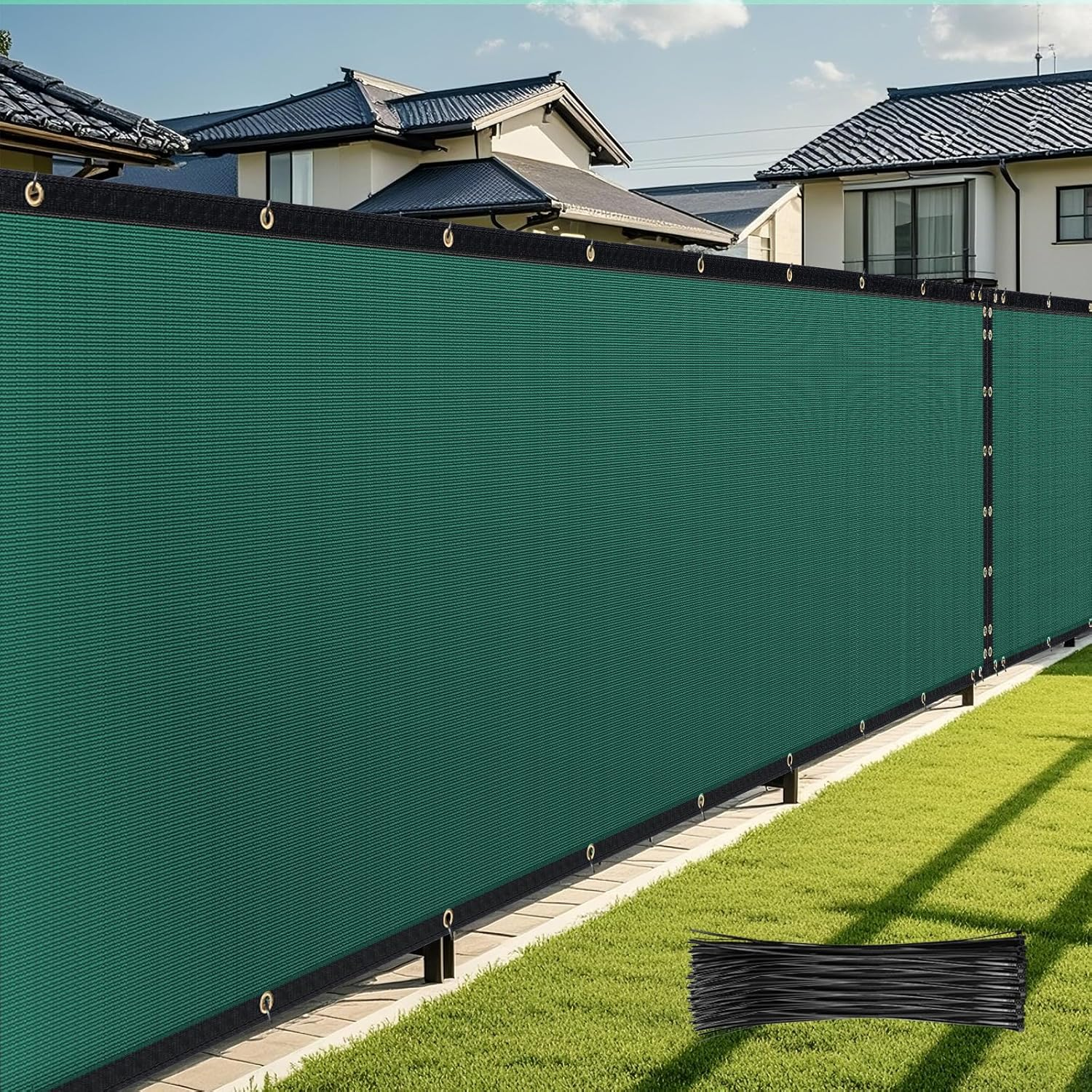 6' X 50' Heavy Duty Privacy Screen Fence, 90% Blockage Green Mesh Shade Net Cover with Brass Grommets for Garden, Yard, Wall, Backyard - Includes 75 Zip Ties (6' X 50', Green) image number 2