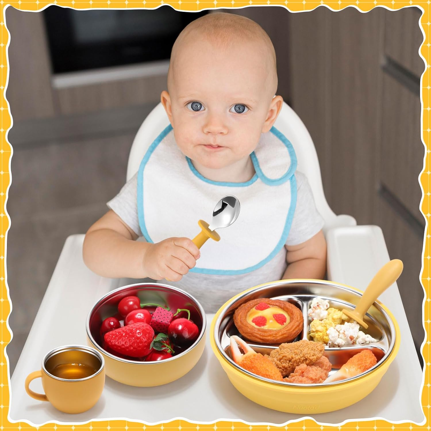 Nuogo 6 Pcs 304 Stainless Steel Kids Plates and Bowls Set Stainless Steel Suction Bowls and Toddler Cup with Removable Silicone, Forks Spoons Pocket Bib for Baby Toddle(Yellow,Round) - Pink image number 4