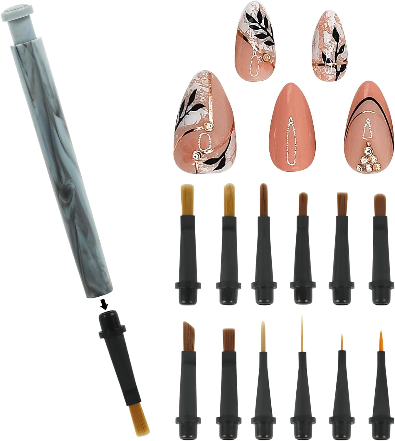 Ruetail 12Pcs Nail Art Brush Set,Professional Nail Art Brush Set with Push-Button Quick-Change,Nail Brushes for Acrylic,Gel,French Tips & Designs,Ergonomic Portable Kit with Storage Case(Marble) image number 5