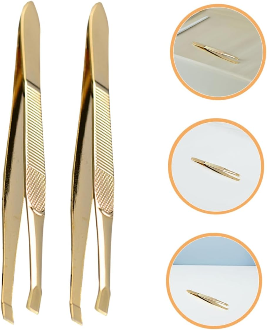 NULYLU 2Pcs Gold-Plated Stainless Steel Eyebrow Tweezers Set 9&times;0.8Cm Precision Multipurpose Beauty Tweezers for Eyelash Extension and Facial Hair Removal Women image number 5